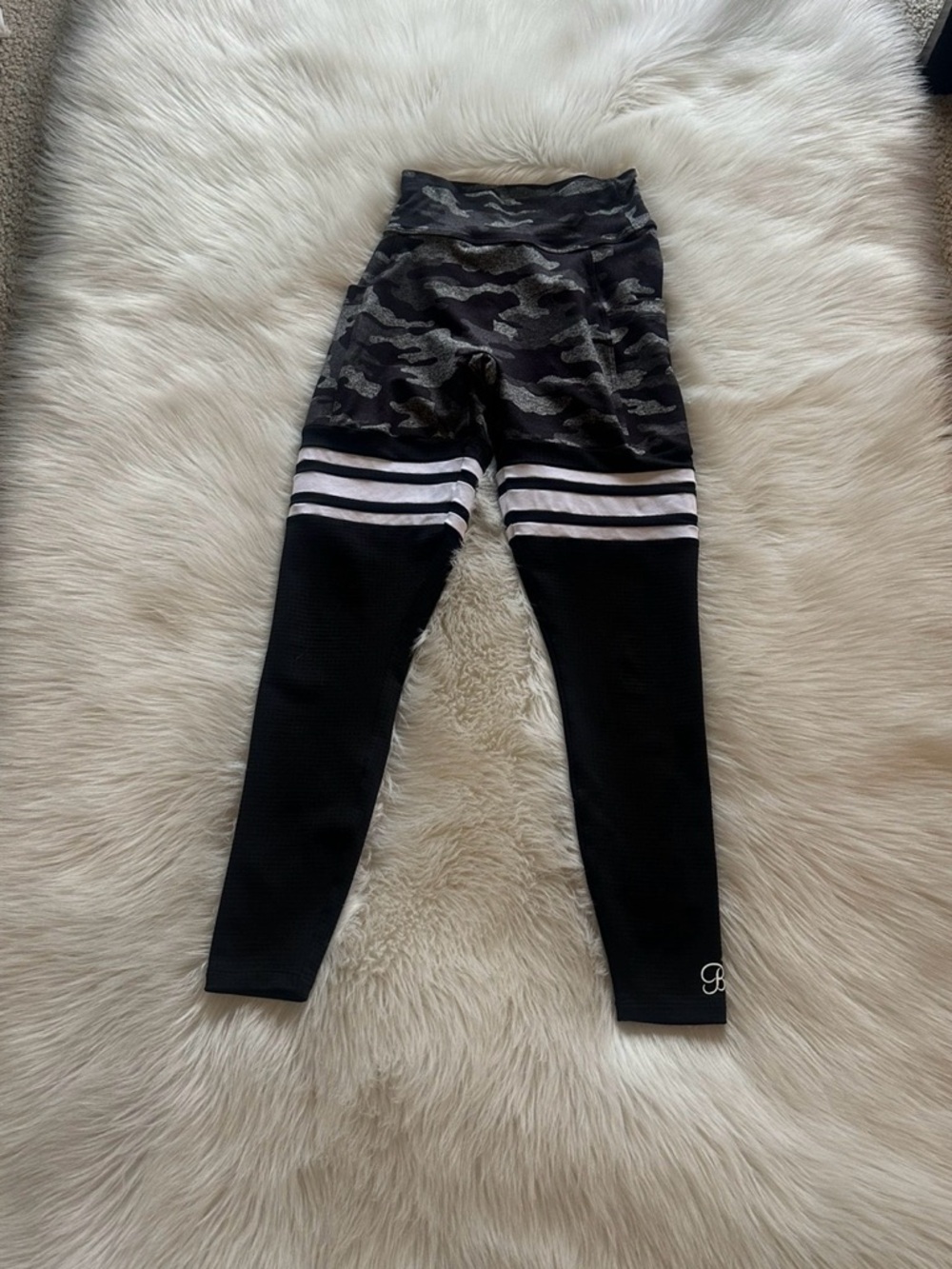 Bombshell Sportswear Black & Gray Camo High-Waist Leggings w/ Stripes SCRUNCH